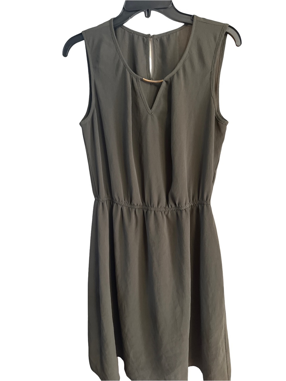 Sleeveless Olive Green Shirred-Waist Dress